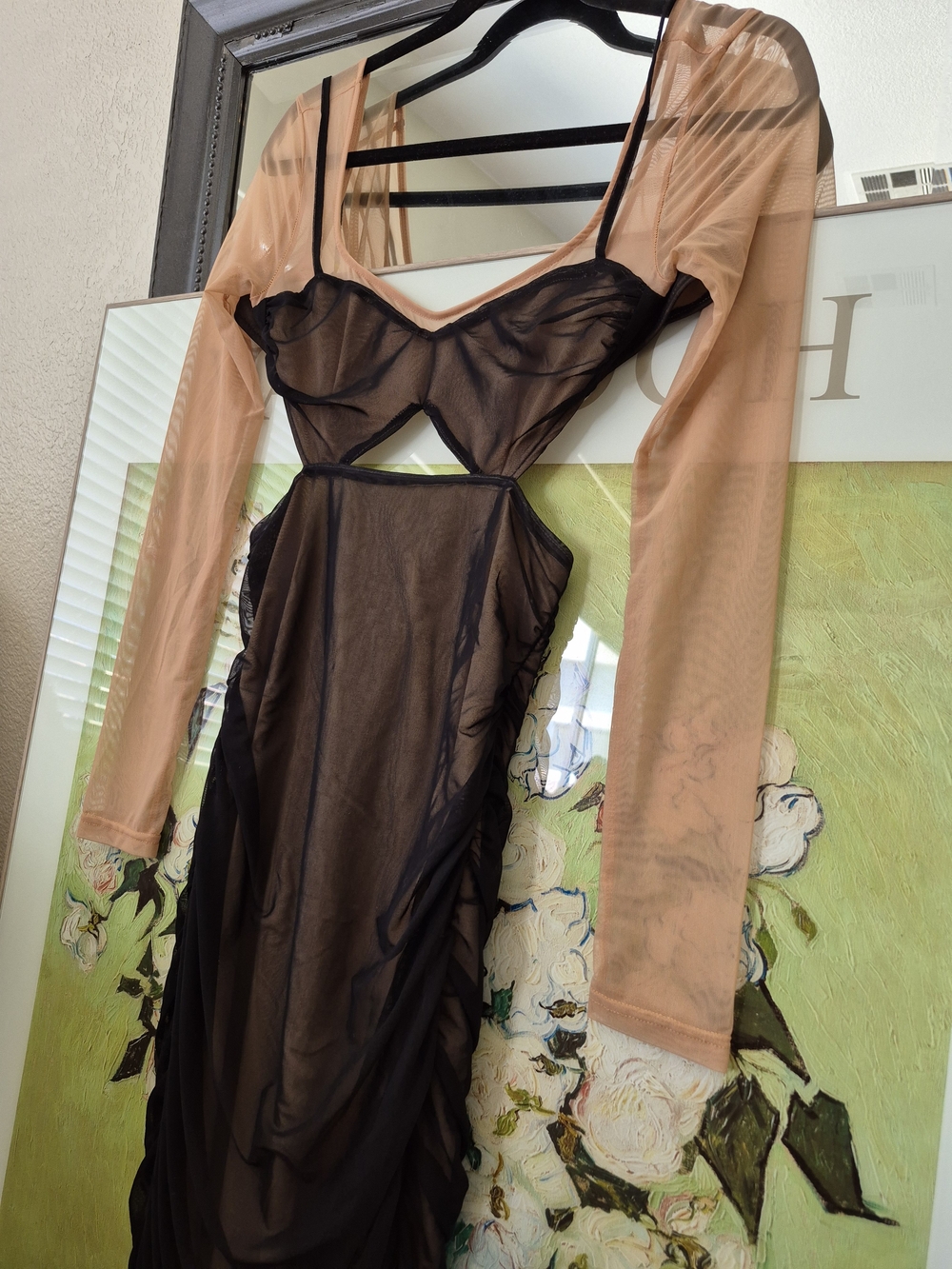 REHAB LAB Sheer Black Ruched Mesh Dress with Nude Long Sleeves